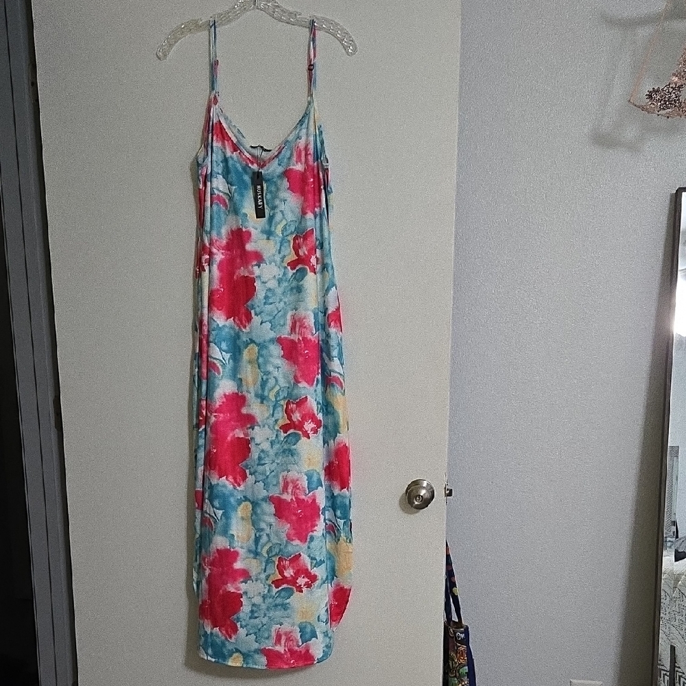 Pink and Blue Spaghetti Strap Resort Maxi Sundress